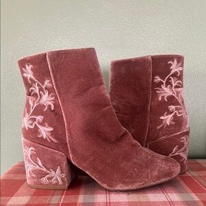 Velvet Embroidered Ankle Boots - Dark Pink